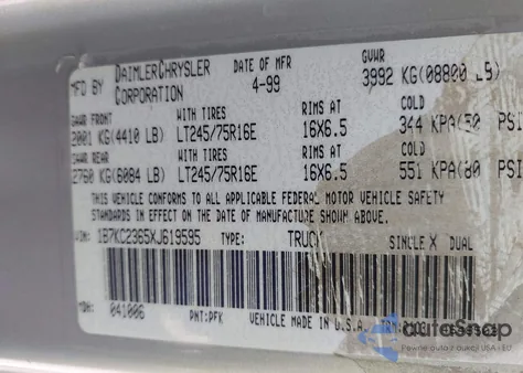 1999 Dodge Ram 2500 St from USA, damaged, VIN 1B7KC2365XJ619595